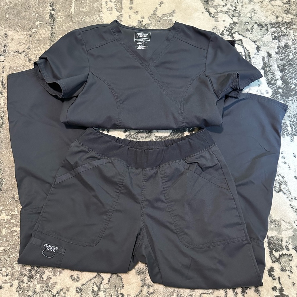 Cherokee Scrubs Pewter Cargo Pants and Wrap Top Set